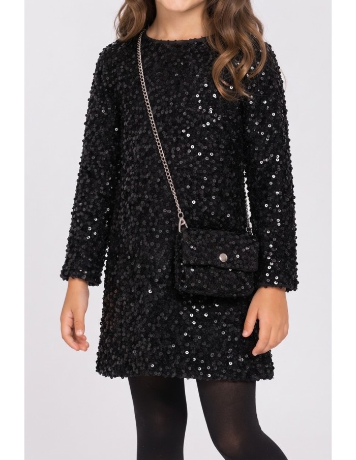 Robe Sequins Noire Sac Assorti Fille | Zerda