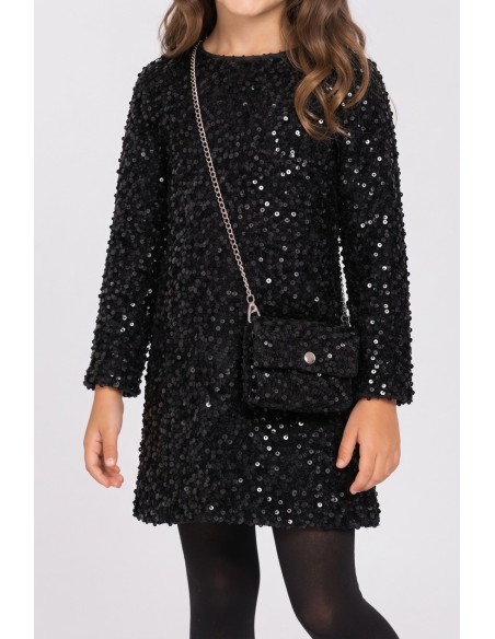 Robe Sequins Noire Sac Assorti Fille | Zerda