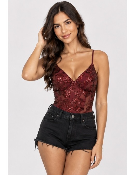Body Dentelle Sequins Bordeaux Femme | Zerda