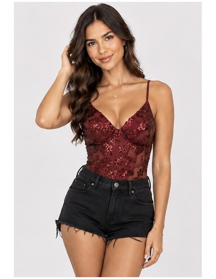 Body Dentelle Sequins Bordeaux Femme | Zerda