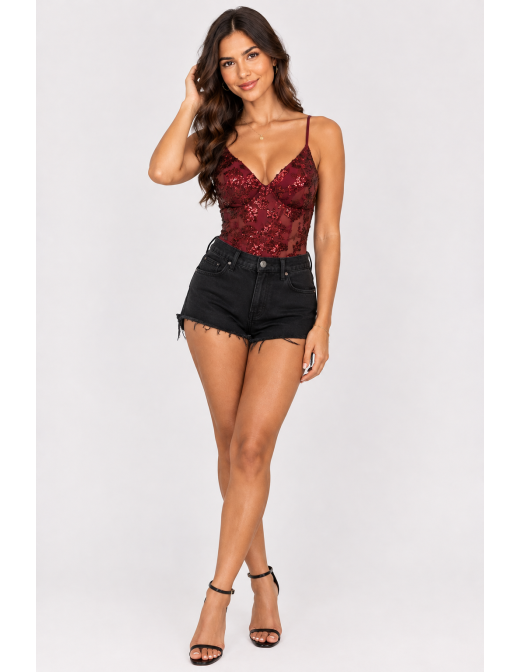 Body Dentelle Sequins Bordeaux Femme | Zerda 2