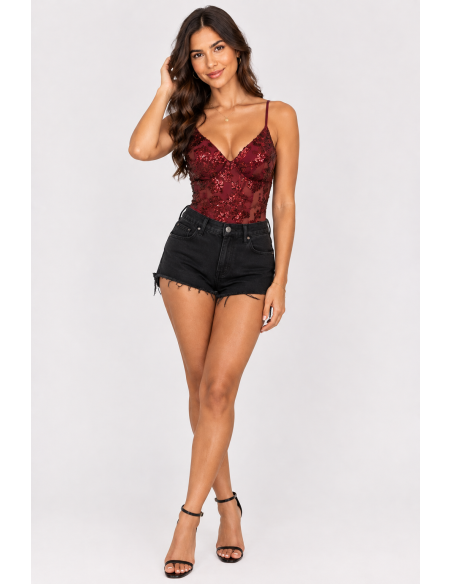 Body Dentelle Sequins Bordeaux Femme | Zerda