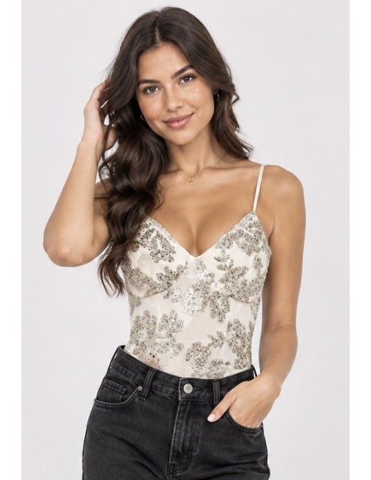 Body Dentelle Sequins Beige Femme | Zerda