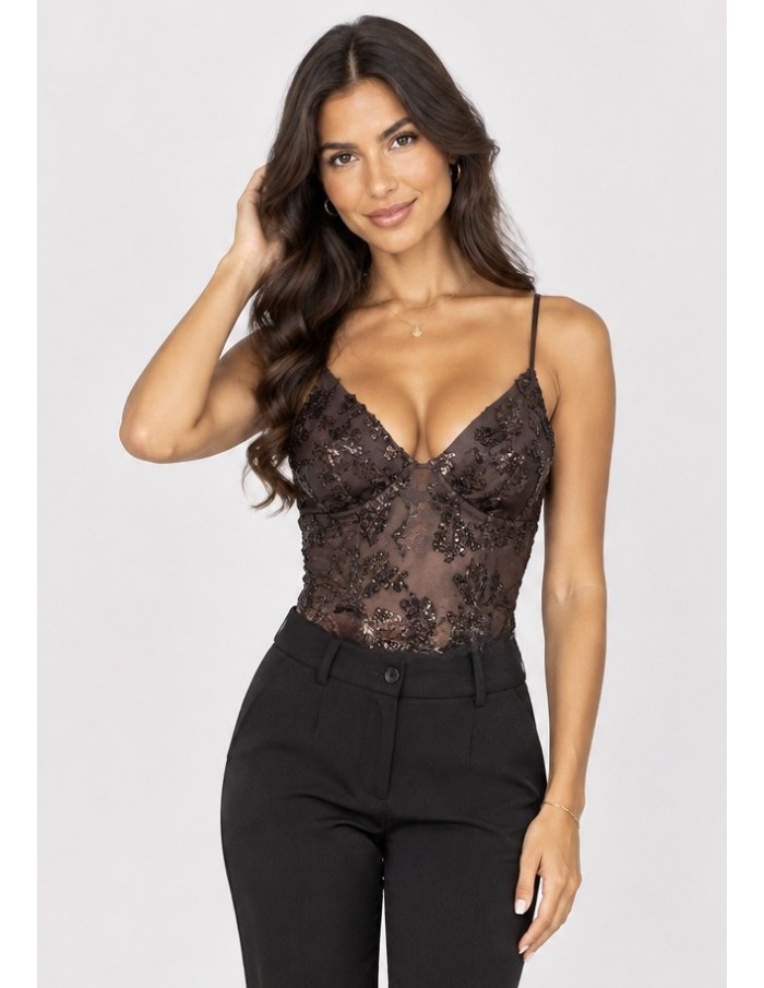 Body Dentelle Sequins Chocolat Femme | Zerda