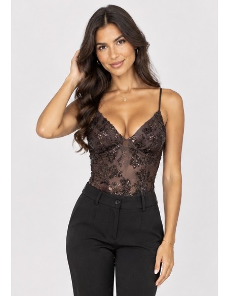 Body Dentelle Sequins Chocolat Femme | Zerda
