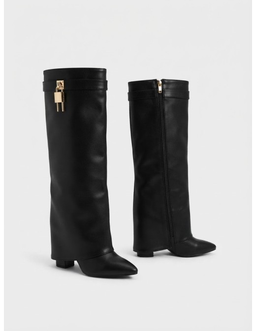 Botte Haute Talon Noire Cadenas Femme | Zerda