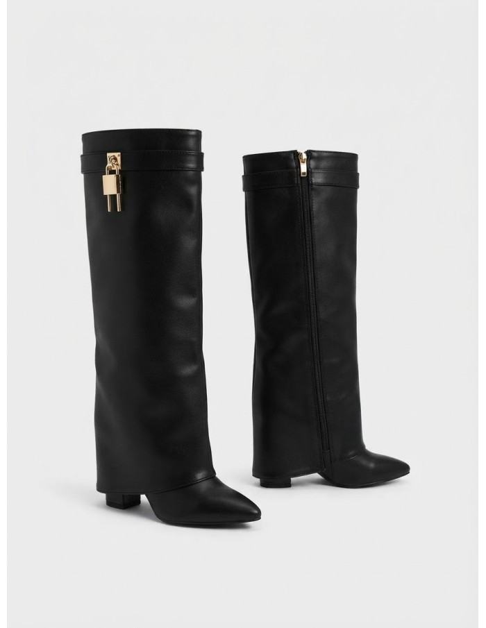 Botte Haute Talon Noire Cadenas Femme | Zerda