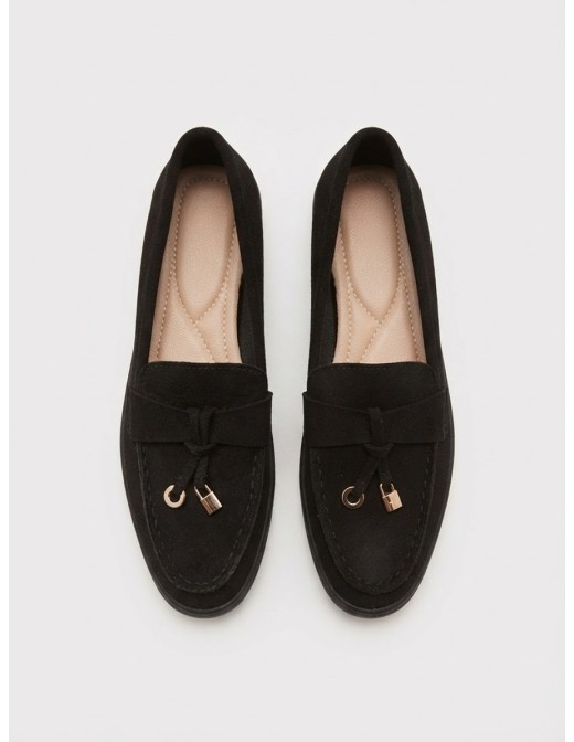 Mocassin Effet Daim Noir Noeud Bijou Femme | Zerda 2