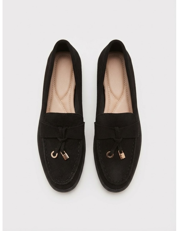Mocassin Effet Daim Noir Noeud Bijou Femme | Zerda