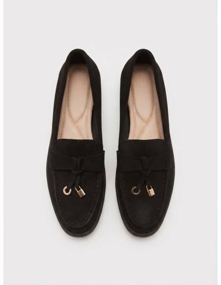 Mocassin Effet Daim Noir Noeud Bijou Femme | Zerda