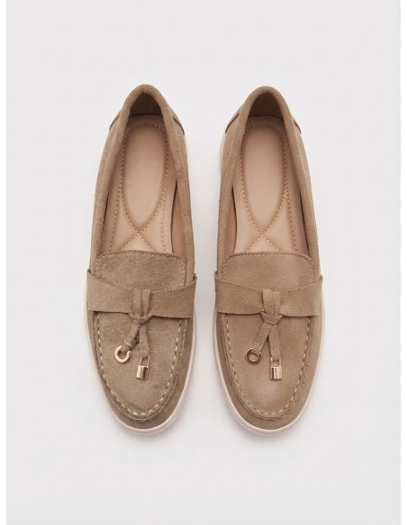 Mocassin Effet Daim Kaki Noeud Bijou Femme | Zerda