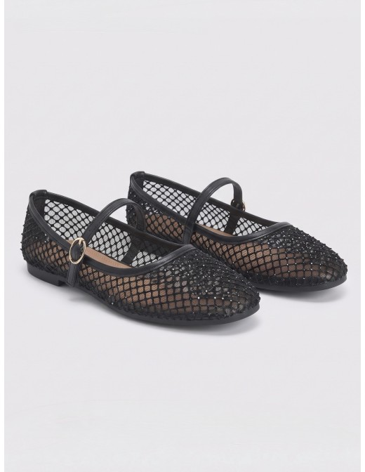Ballerine Mary Jane Résille Strass Noire Femme | Zerda