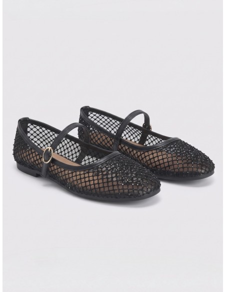 Ballerine Mary Jane Résille Strass Noire Femme | Zerda