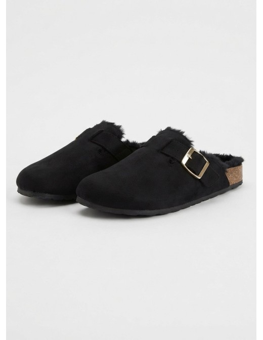 Mule Fourrée Noire Boucle Dorée Femme | Zerda