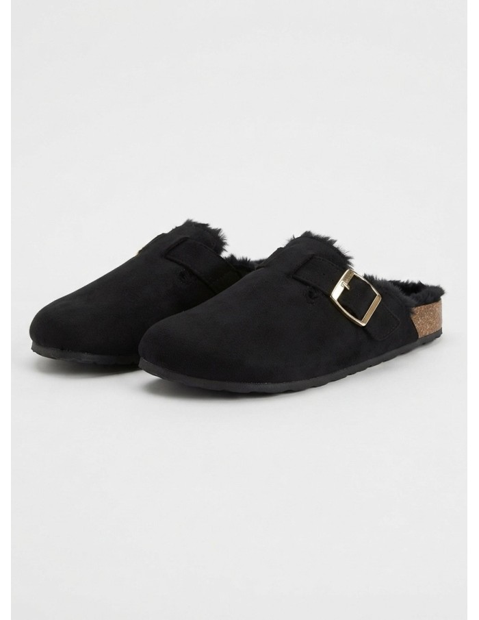Mule Fourrée Noire Boucle Dorée Femme | Zerda
