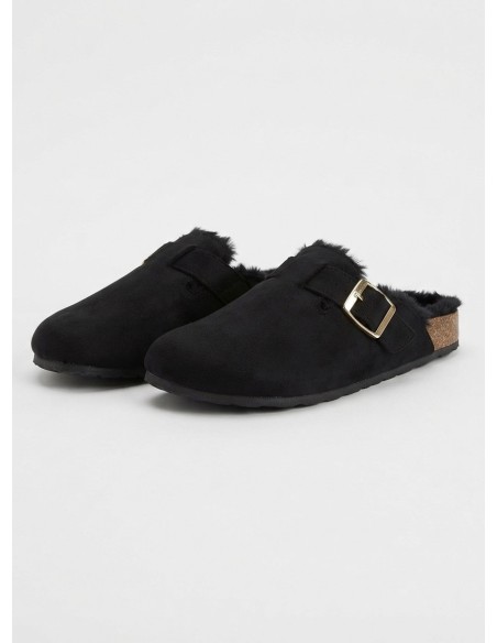 Mule Fourrée Noire Boucle Dorée Femme | Zerda