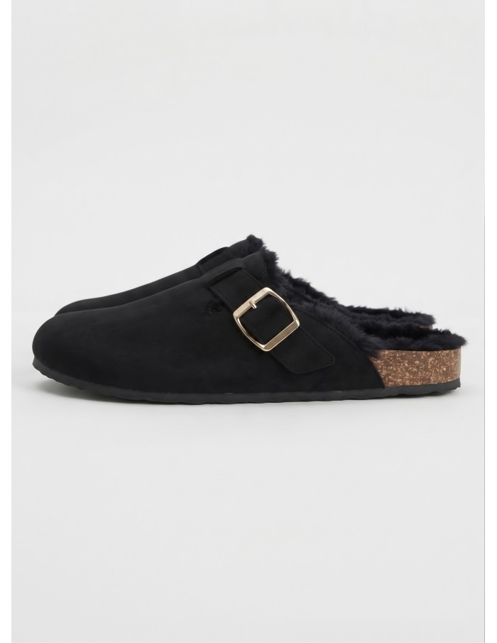 Mule Fourrée Noire Boucle Dorée Femme | Zerda