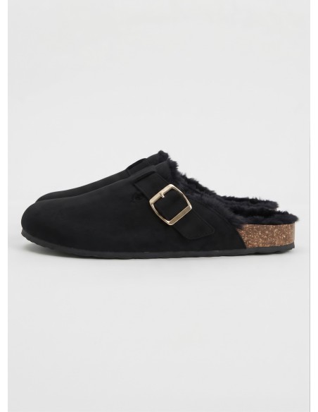 Mule Fourrée Noire Boucle Dorée Femme | Zerda