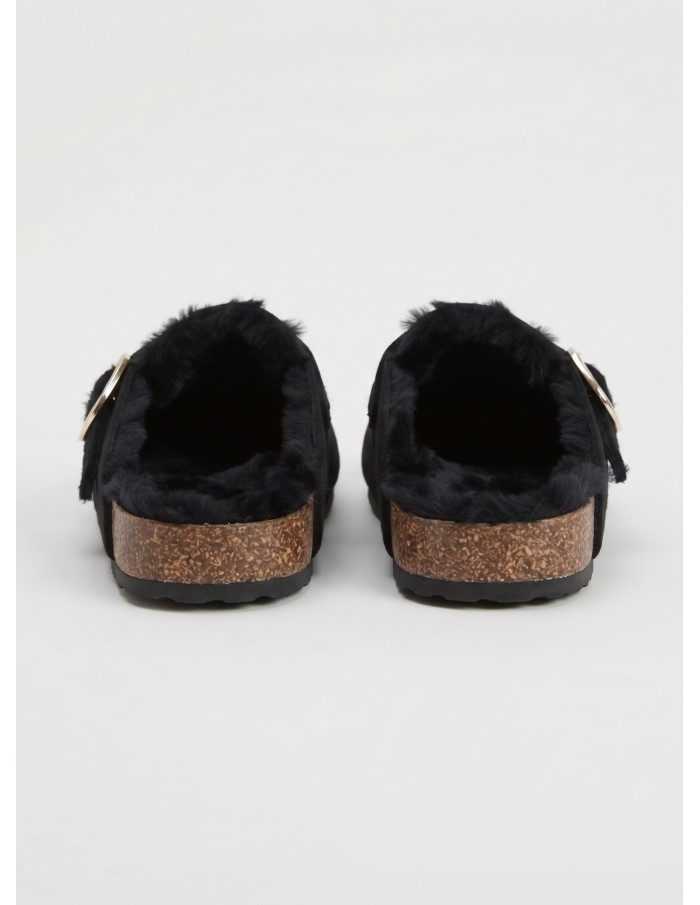 Mule Fourrée Noire Boucle Dorée Femme | Zerda