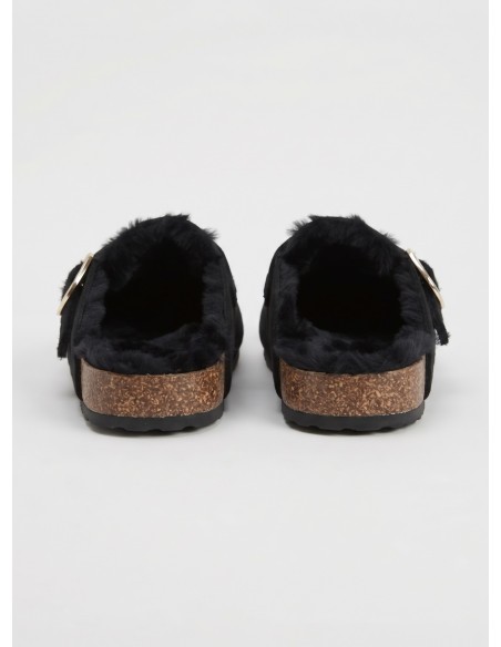 Mule Fourrée Noire Boucle Dorée Femme | Zerda