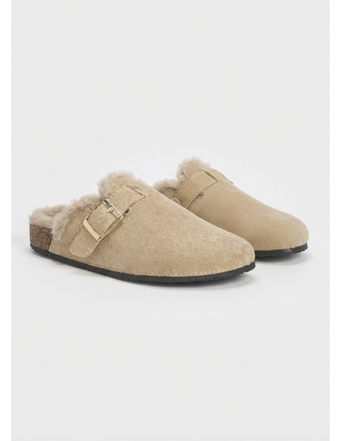 Mule Fourrée Beige Boucle Dorée Femme | Zerda