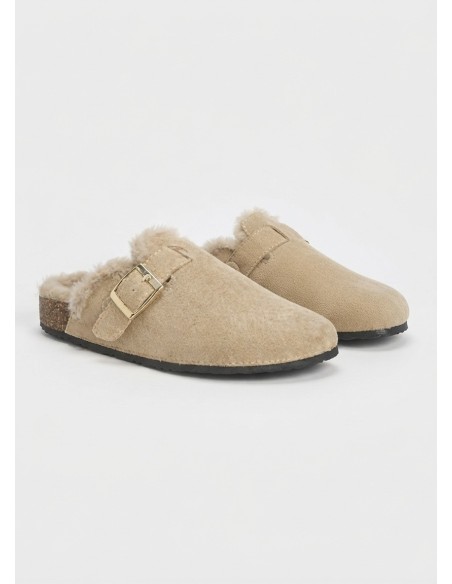 Mule Fourrée Beige Boucle Dorée Femme | Zerda