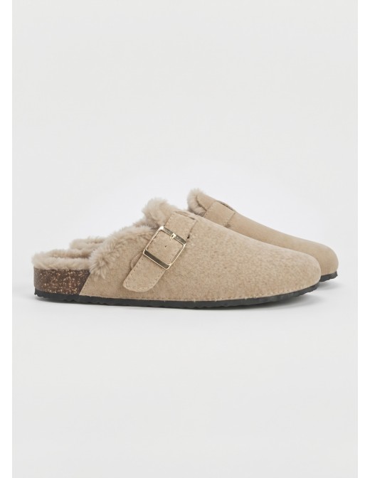 Mule Fourrée Beige Boucle Dorée Femme | Zerda 2