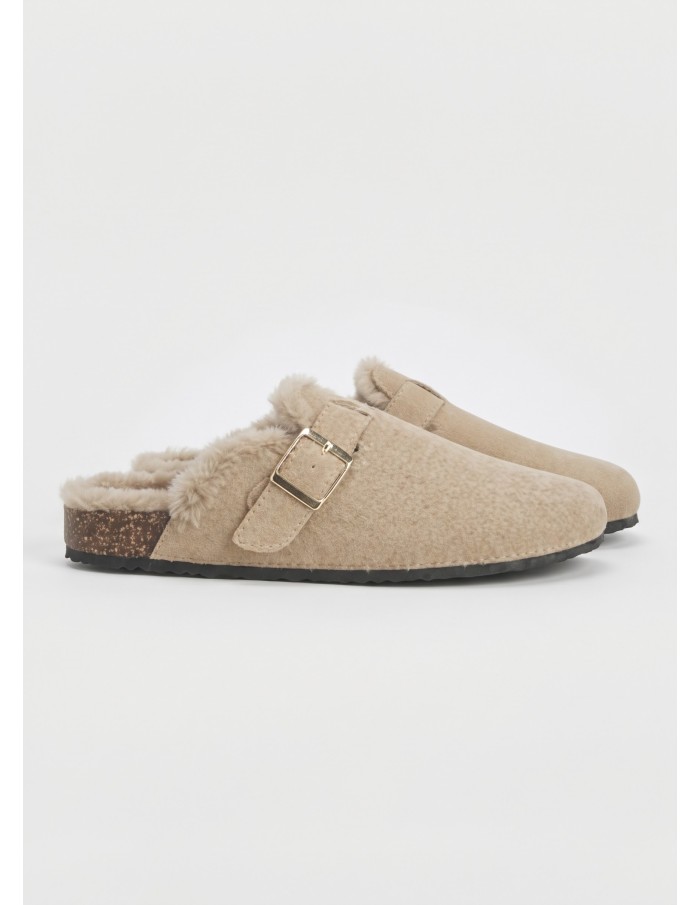 Mule Fourrée Beige Boucle Dorée Femme | Zerda