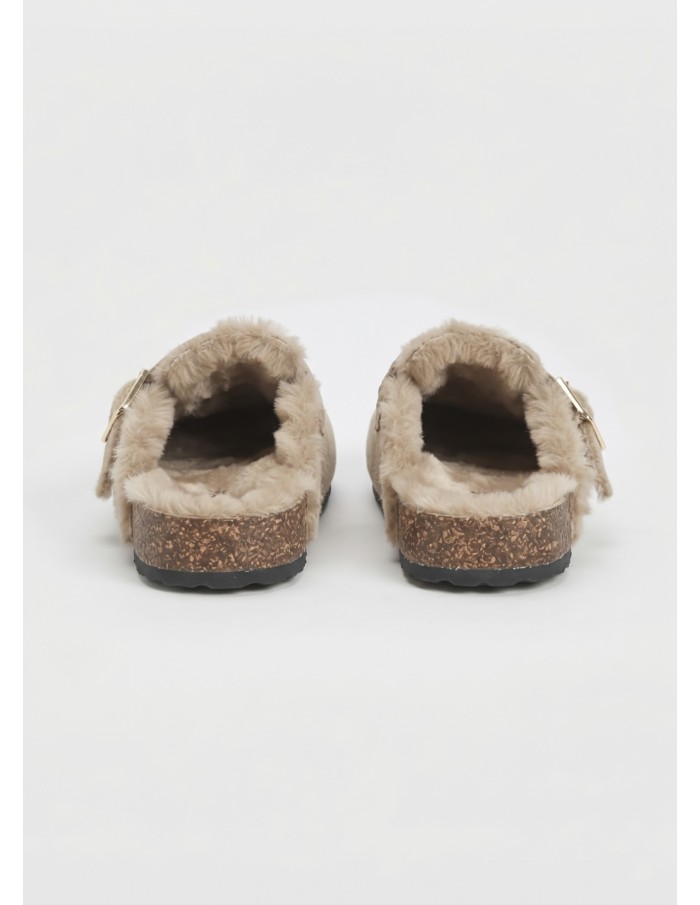 Mule Fourrée Beige Boucle Dorée Femme | Zerda