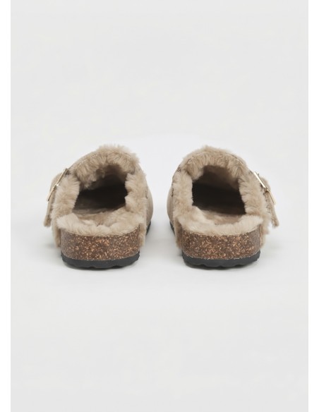 Mule Fourrée Beige Boucle Dorée Femme | Zerda