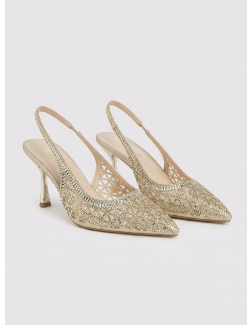 Escarpin Slingback Résille Strass Doré Femme | Zerda
