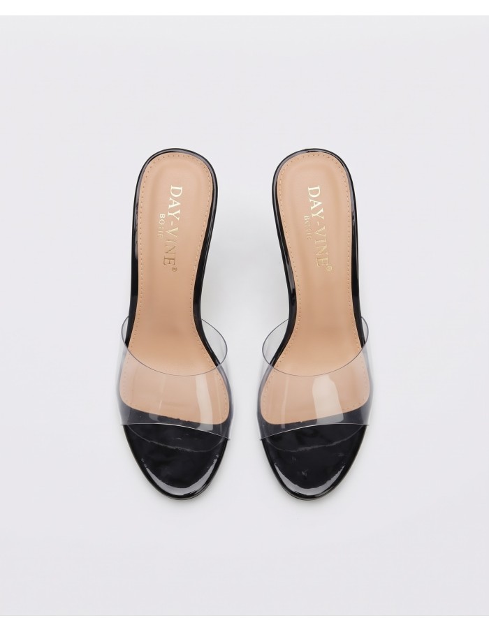 Mule PVC Transparent Noire Talon Conique Femme | Zerda