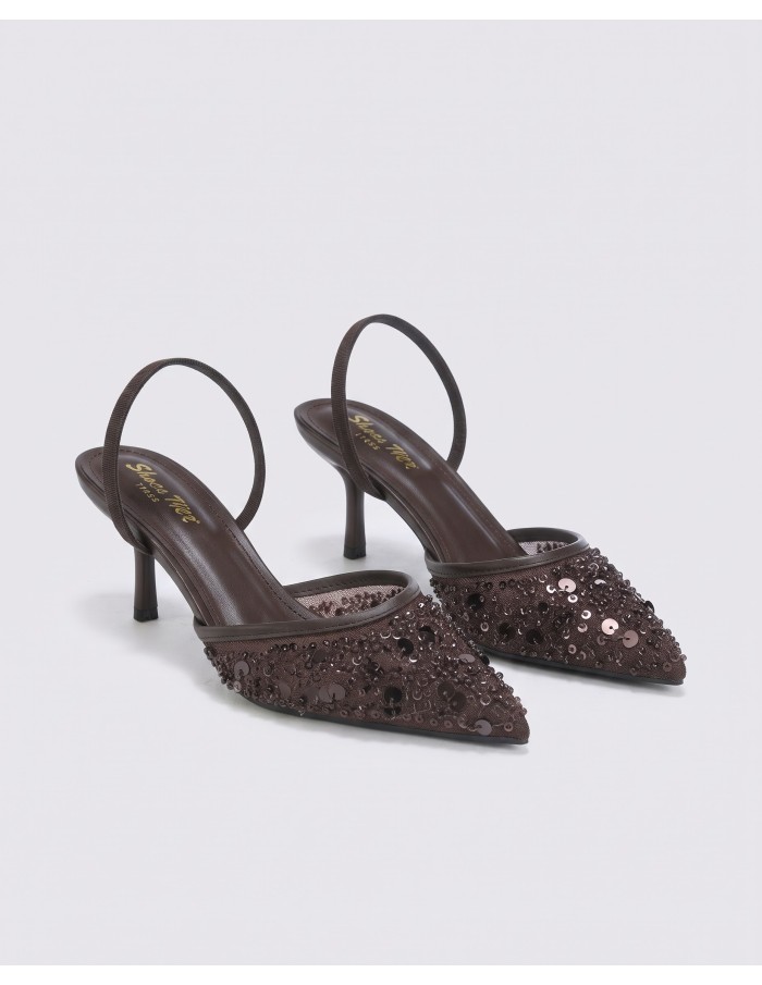 Mule Perlée Marron Slingback Bout Pointu Femme | Zerda