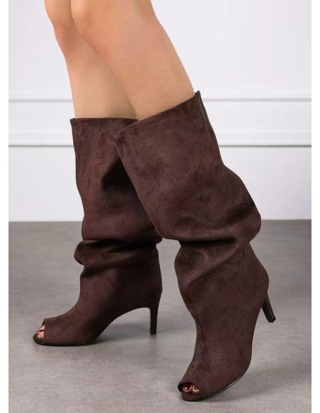 Botte Souple Daim Chocolat Bout Ouvert Femme | Zerda
