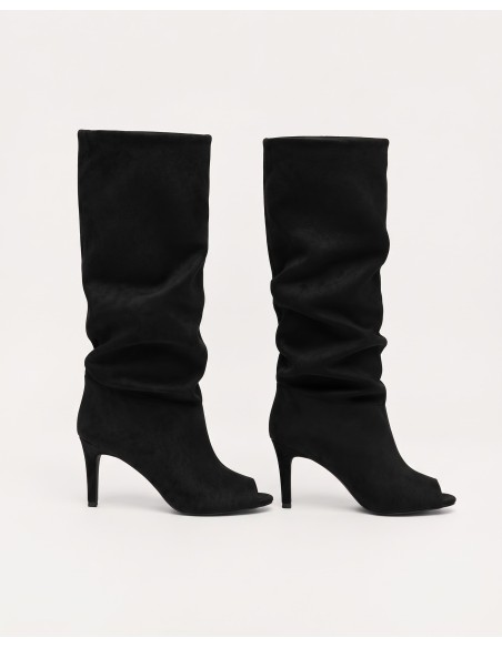 Botte Souple Daim Noire Bout Ouvert Femme | Zerda