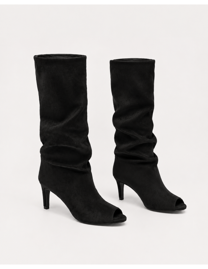 Botte Souple Daim Noire Bout Ouvert Femme | Zerda