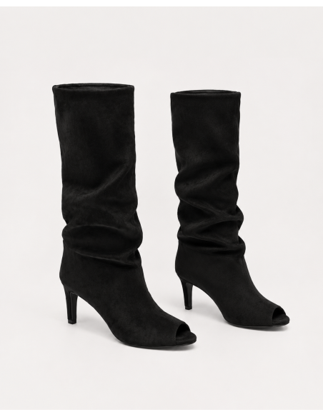 Botte Souple Daim Noire Bout Ouvert Femme | Zerda