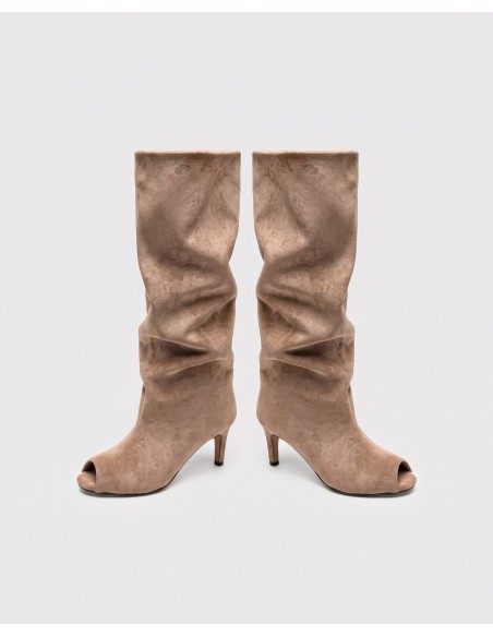 Botte Souple Daim Beige Bout Ouvert Femme | Zerda