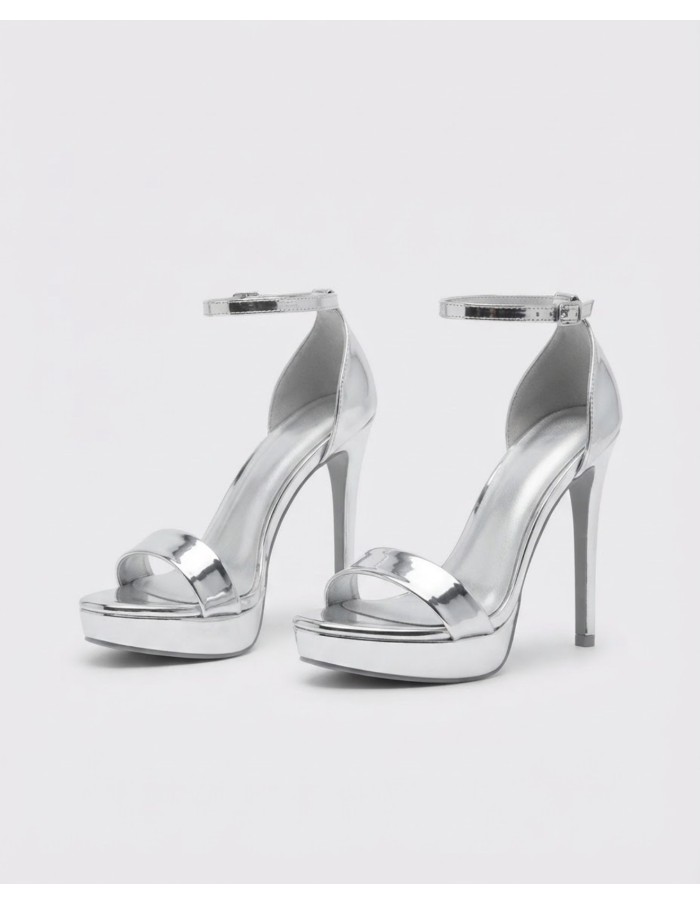 SANDALE À TALONS PLATEFORME ARGENTÉE BRIDE CHEVILLE - FEMME