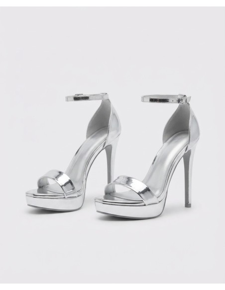 SANDALE À TALONS PLATEFORME ARGENTÉE BRIDE CHEVILLE - FEMME