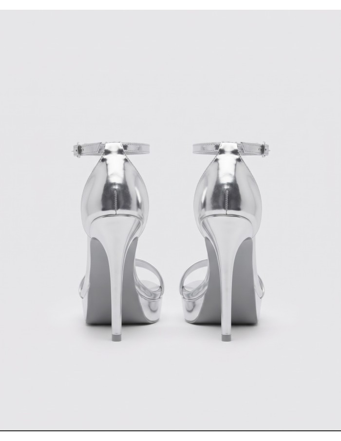 SANDALE À TALONS PLATEFORME ARGENTÉE BRIDE CHEVILLE - FEMME