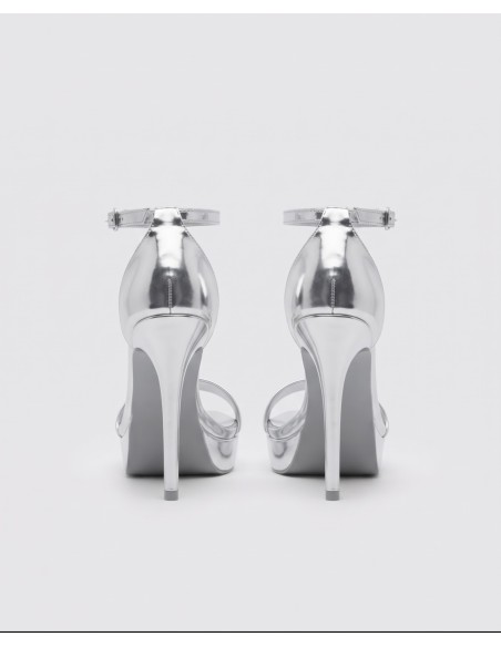 SANDALE À TALONS PLATEFORME ARGENTÉE BRIDE CHEVILLE - FEMME