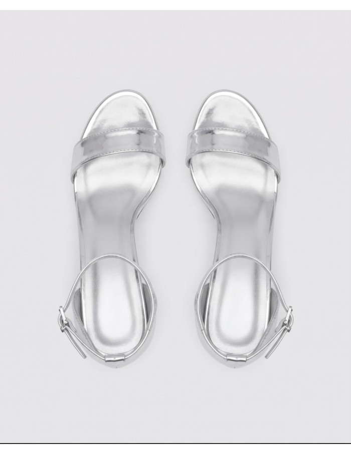SANDALE À TALONS PLATEFORME ARGENTÉE BRIDE CHEVILLE - FEMME